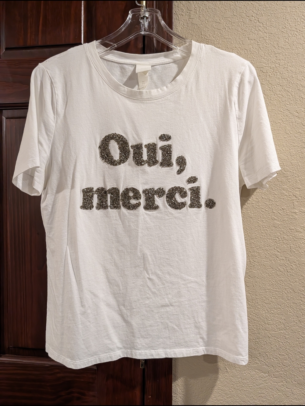 H&M White Short Sleeve Graphic Tee with Silver Glitter 'Oui, merci.'